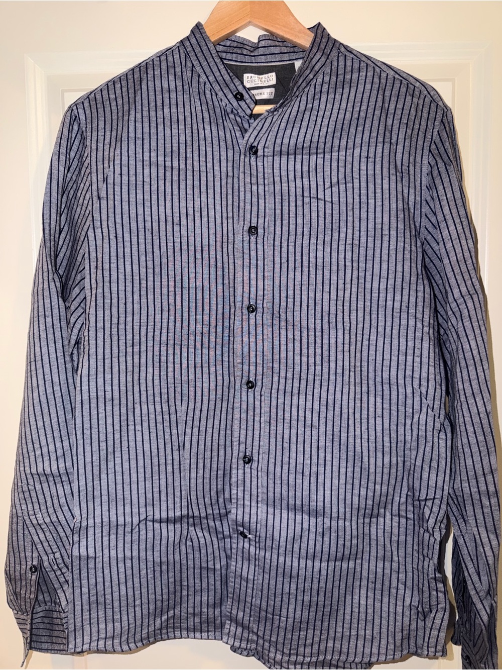 Brunello Cucinelli Light Blue Shirt with Navy Pinstripes